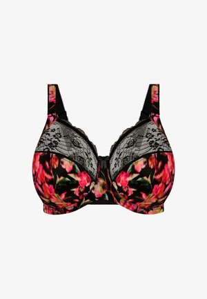 Soutien-gorge noir à motifs floraux roses, orange et verts. Présente des accents de dentelle sur les bonnets et un armature pour le maintien. Bretelles réglables.