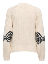 Pull tricoté couleur crème avec des motifs géométriques noirs sur les manches moyennes, poignets côtelés et coutures verticales texturées.