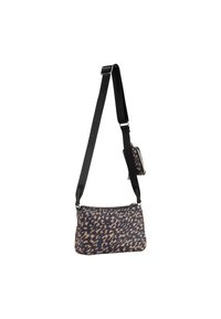 Borsa a tracolla con stampa leopardata in tessuto blu navy e beige, con chiusura a zip e tracolla nera regolabile con logo impresso. Dimensioni compatte con tasca aggiuntiva.