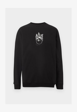 Sweat-shirt noir à col ras du cou avec un petit motif blanc représentant une boule de billard huit en flammes et le mot « MOTÖEN » sous le motif.