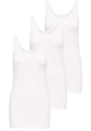 Drei weiße Tanktops mit Rundhalsausschnitt, aus weichem Material, mit glatter Textur und ohne sichtbare Muster oder Hardware.