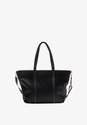 Black leather tote bag with two sturdy handles, a detachable shoulder strap, vertical seam detailing, and a smooth texture.