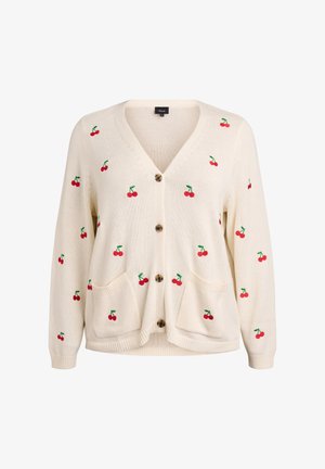 Krēmkrāsas kardigans ar V-veida izgriezumu, rotāts ar sarkanu ķiršu izšuvumu, ar divām priekšējām kabatām un brūnām pogām, izgatavots no mīksta adīta materiāla.