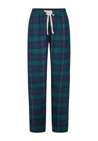 Pantalon de pyjama à carreaux bleu marine et vert avec une ceinture élastique et un cordon beige, doté d'une coupe décontractée et d'un design à jambes droites.