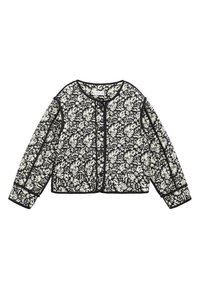 Kurtka w kwiatowy wzór w czarno-białym kolorze, wykonana z teksturowanej tkaniny, z okrągłym dekoltem i zapięciem na guziki.