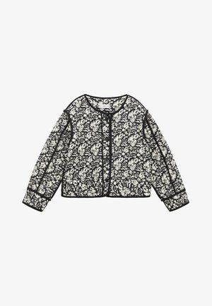 Giacca con motivo floreale in bianco e nero, realizzata in tessuto strutturato, con scollo rotondo e chiusura con bottoni.