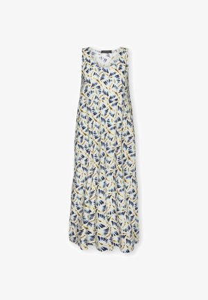 Abito bianco senza maniche, lungo fino alle caviglie, con motivo astratto a ventaglio nei toni del blu e giallo e scollo rotondo.