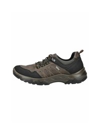 Scarpa da trekking nera e marrone con design a lacci, tessuto strutturato, punta rinforzata e suola spessa in gomma con motivi di aderenza.