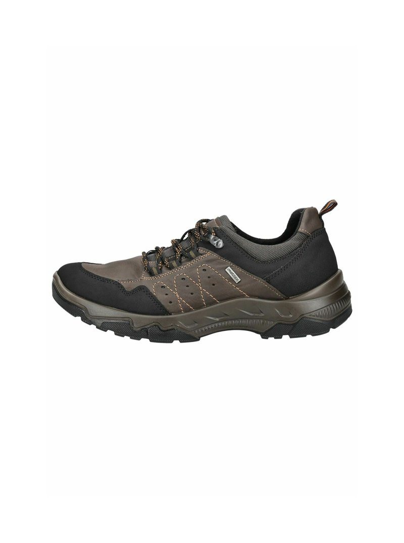 Scarpa da trekking nera e marrone con design a lacci, tessuto strutturato, punta rinforzata e suola spessa in gomma con motivi di aderenza.