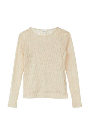 Beige Langarmspitzenoberteil mit diamantförmigem Muster und Rundhalsausschnitt, leichter und halbtransparenter Stoff.