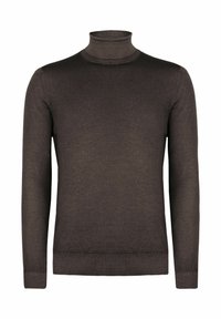 Dunkelbrauner Rollkragenpullover aus weichem Material. Eng anliegende Passform mit langen Ärmeln und geripptem Kragen und Saum. Glatte Textur, keine Muster.