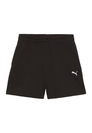 Czarne szorty z elastycznym pasem i małym białym logo Puma na dolnej części prawej nogawki, prosty design, brak widocznych kieszeni.