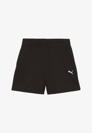 Schwarze Shorts mit elastischem Bund und kleinem weißen Puma-Logo am unteren rechten Bein, schlichtes Design, keine sichtbaren Taschen.