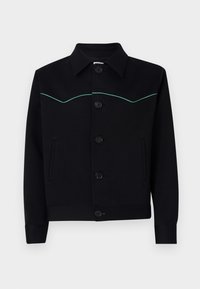 Černá bunda z hladké látky, s límcem, tyrkysovým prošíváním přes hruď a předními knoflíkovými zapínáními.