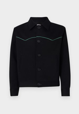 Black jacket made of smooth fabric, featuring a collared neckline, turquoise stitching across the chest, and front button closures.
