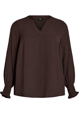 Temno rjava bluza z dolgimi rokavi, V-izrezom in nabranimi naborki na manšetah. Gladek, rahlo teksturiran material.
