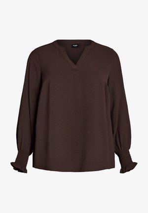 Tumši brūna garām piedurknēm blūze ar V-veida izgriezumu un savāktiem volānu aprocēm. Gluda, viegli teksturēta auduma.