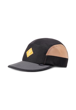 Czarna i szara czapka z pięcioma panelami, z brązowymi siateczkowymi panelami bocznymi i żółtym, diamentowym logo na przednim panelu.