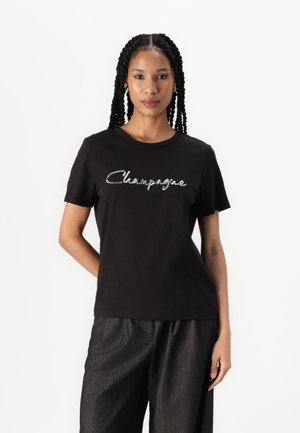 Black cotton t-shirt with short sleeves featuring the word "Champagne" in shimmering silver accents across the chest.