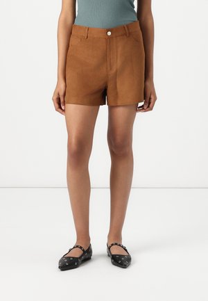 Brown suede shorts with a tailored fit, featuring front pockets and a button closure, paired with black flats. Smooth texture, knee-length.