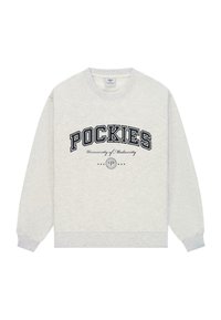 Szary sweter z okrągłym dekoltem, z żeberkowymi mankietami i dolnym wykończeniem. Zawiera czarny nadruk "POCKIES" oraz "Uniwersytet Miernoty". Miękka faktura.