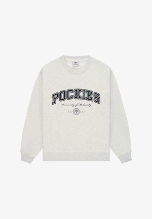 Grå crewneck sweatshirt med ribbede manchetter og kant. Har "POCKIES" og "University of Mediocrity" trykt i sort. Blød tekstur.