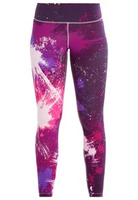 Fioletowe legginsy z żywym wzorem w rozpryskach w odcieniach różu, bieli i niebieskiego. Wykonane z elastycznego materiału z gumką w pasie.