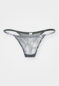 Sheer grey mesh thong with a decorative silver pattern. Features a contrasting waistband and adjustable straps.
