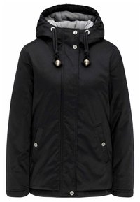 Musta vedenpitävä takki hupulla, harmaa vuori, nepparikiinnitykset, kiristysnauhat ja sivutaskut. Sileä ulkopinta tikkauksilla.