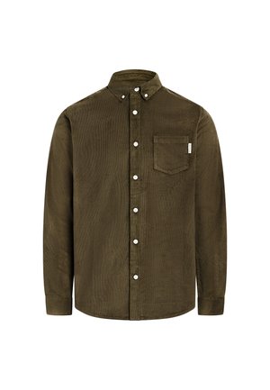 Olijfgroene corduroy shirt met button-down kraag, lange mouwen, voorzak, witte knopen en gestructureerde stof.