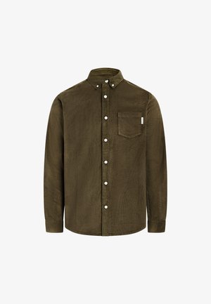 Olijfgroene corduroy shirt met button-down kraag, lange mouwen, voorzak, witte knopen en gestructureerde stof.