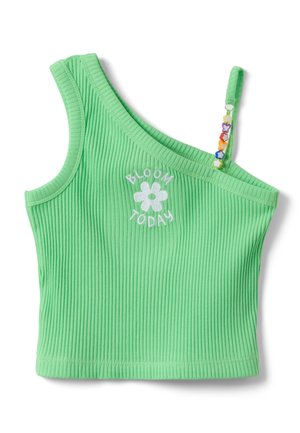 Grünes, geripptes One-Shoulder-Crop-Top mit dem Schriftzug „BLOOM TODAY“ und weißer Blumenstickerei, mit perlenbesetztem Träger und bunten Blumenanhängern.