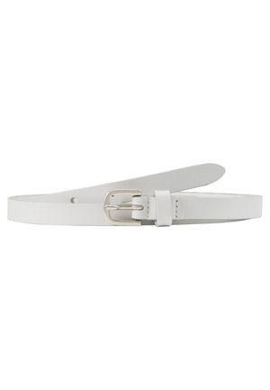White leather belt with a slim design. Features a silver metal buckle and fit-through loop. Smooth texture, no visible patterns or accents.