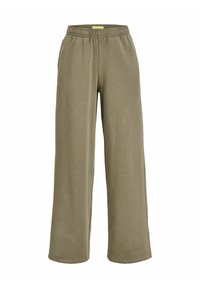 Olijfgroene wijde broek van zachte stof, met een elastische tailleband en geen zichtbare zakken. Gladde textuur met een casual pasvorm.