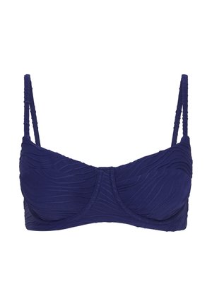 Marineblauer BH aus strukturiertem Stoff mit Unterbügel und verstellbaren dünnen Schulterträgern, mit einem dezenten Wellenmuster.