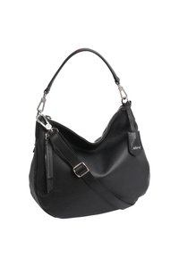 Sac à épaule en cuir noir avec une finition texturée ; présente une forme courbée, une sangle ajustable et des accents en métal argenté.
