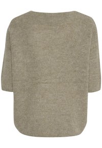 Světlý hnědý pletený svetr s krátkými rukávy, volného střihu a mírně zaobleným lemem, zobrazený zezadu.