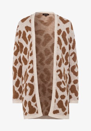 Beżowy kardigan z brązowym nadrukiem w leopardzie, otwarty przód, długie rękawy, wykonany z teksturowanego materiału dzianinowego.