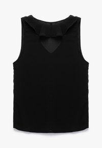 Schwarzes ärmelloses Oberteil mit einem Rüschenausschnitt und einem V-förmigen Ausschnitt hinten. Hergestellt aus weichem Stoff mit einer glatten Textur.