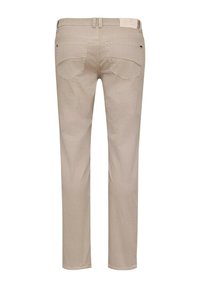 Beige denim jeans with a straight cut, featuring two back pockets and subtle stitching details. Smooth texture with a classic design.