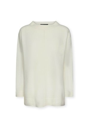 Hvid, langærmet sweater med høj hals. Blød tekstur, løs pasform og en central søm, der løber ned ad fronten. Ingen synlig hardware eller mønstre.