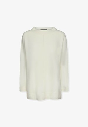 Biały, długi sweter z długimi rękawami i wysokim dekoltem. Miękka tekstura, luźny krój i centralny szew biegnący wzdłuż przodu. Brak widocznych elementów metalowych i wzorów.