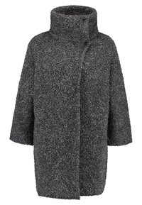 Grau strukturierter Mantel mit hohem Kragen und kurzen, weiten Ärmeln. Verfügt über einen Knopfverschluss und eine lockere, kastige Silhouette.