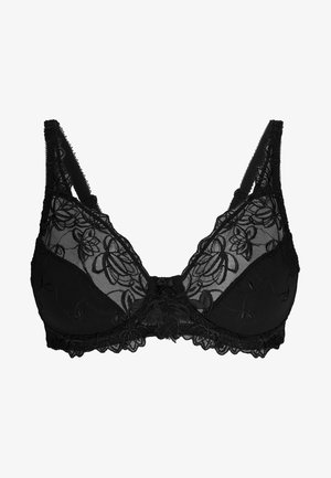 Reggiseno in pizzo nero con ricami floreali, base modellata liscia, spalline regolabili e un dettaglio decorativo a forma di fiocco al centro. Texture morbida.