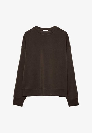 Mørkebrun pullover-sweatshirt lavet af blødt stof, med rund halsudskæring, sænkede skuldre og en kort afslutning. Ingen mønstre eller metaldele.