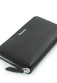 Black leather wallet with a textured surface, featuring a silver zipper and logo on the front. Compact and rectangular design.