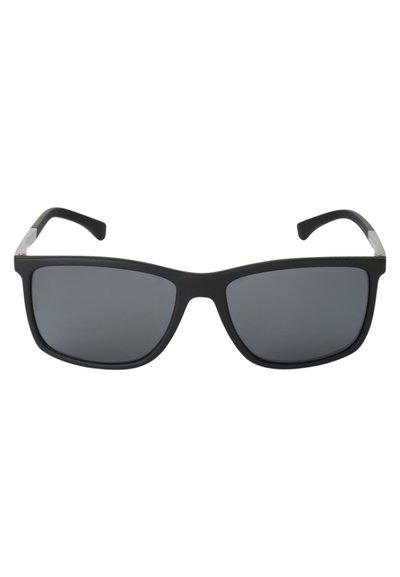Black rectangular sunglasses with dark lenses, matte finish frame, and sleek silver accents on the temple hinges.
