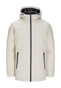 Kreemika värvi polsterdatud talvejope musta tõmblukuga, kahe tõmblukuga küljetaskuga ja isoleeritud kapuutsiga, mis on vooderdatud musta kangaga.