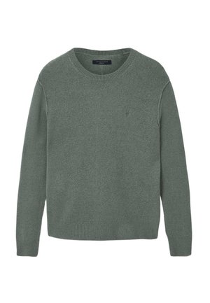 Vihreä pyöreäkauluksinen neulepusero, jossa on pitkät hihat, resorit hihansuissa ja helmassa sekä pieni kirjailtu logo vasemmassa rinnassa.