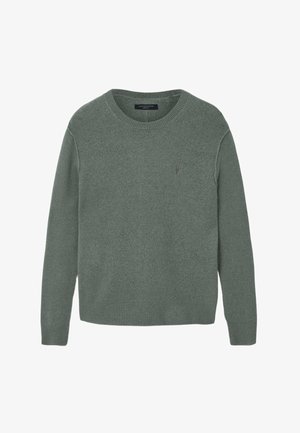 Green crewneck sweater with long sleeves, ribbed cuffs and hem, and a small embroidered logo on the left chest.